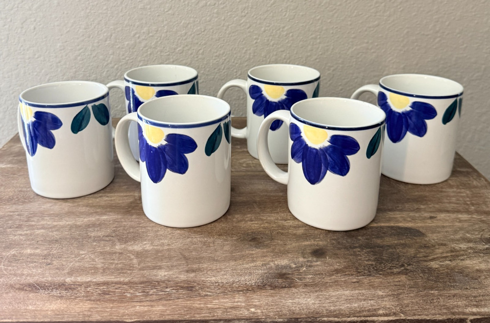 Vintage International Tableworks Blue Napoli 153 Stoneware Coffee Cups set of 6